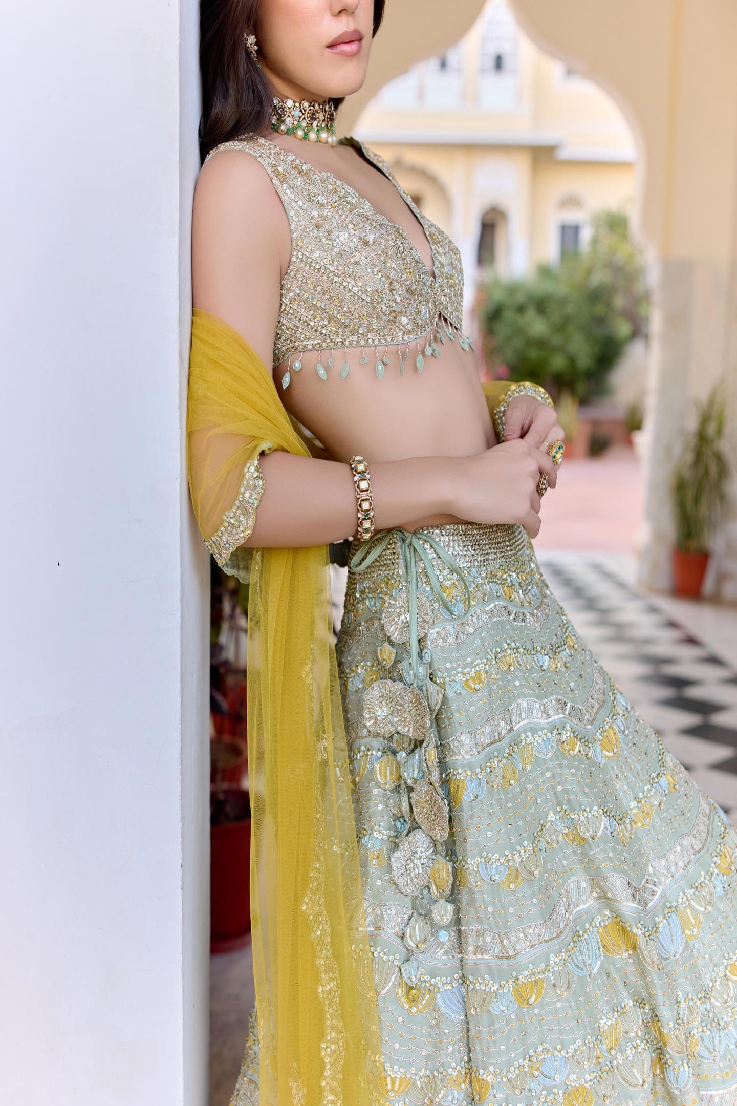 Sage Embroidered Tissue Lehenga Set