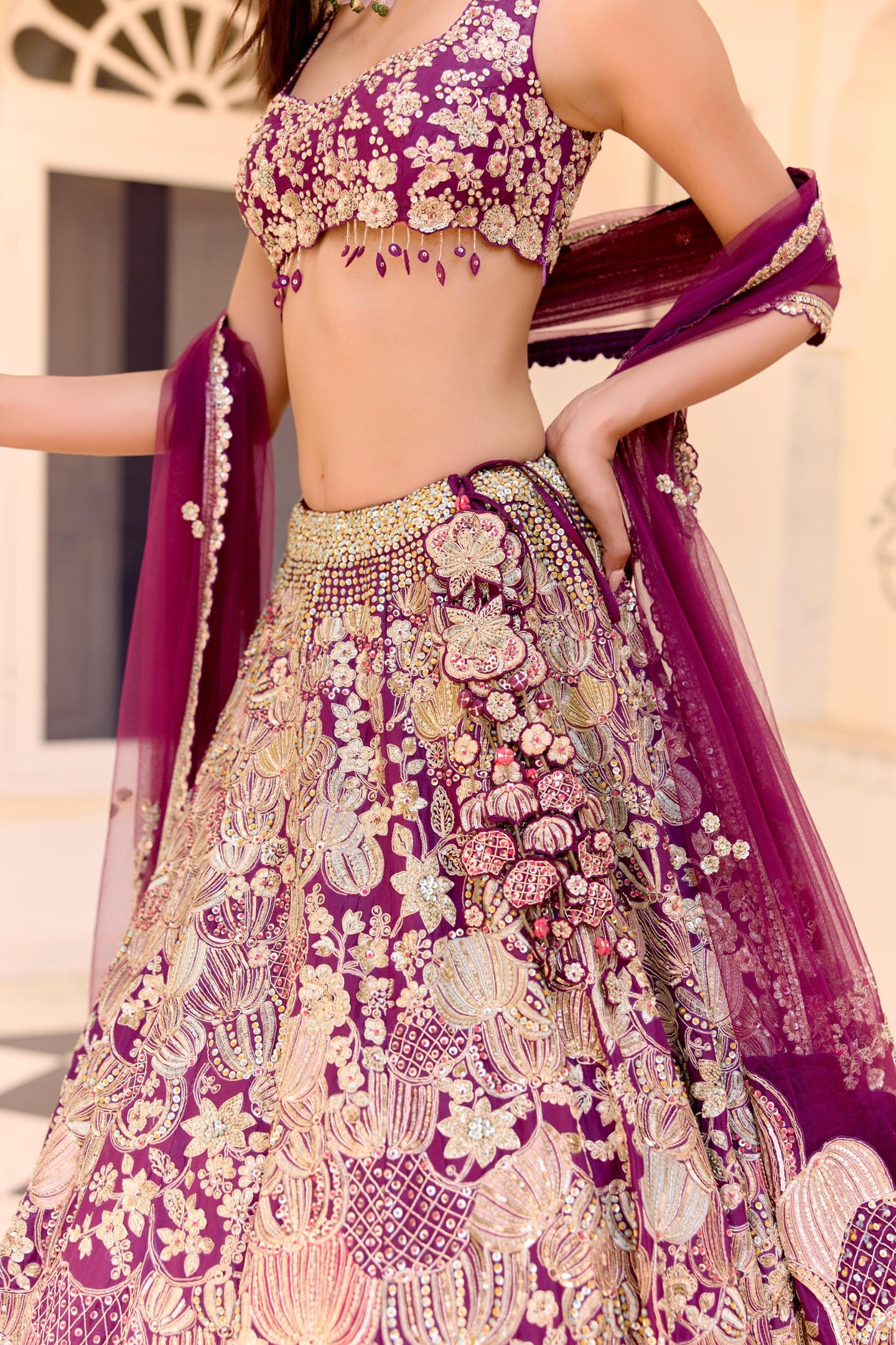 Dark plum Embroidered Lehenga Set