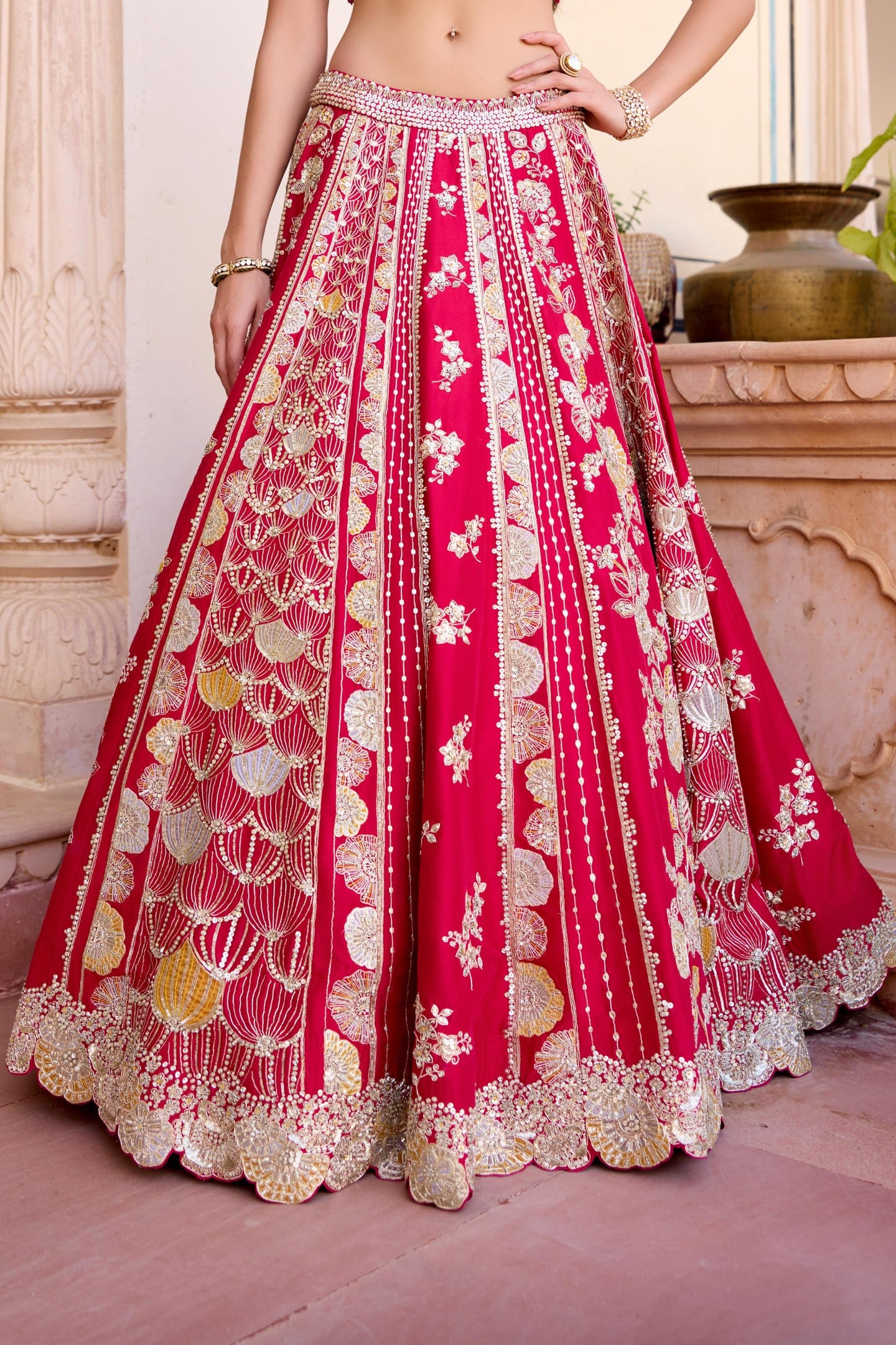 Cut Ruby Mulberry Silk Lehenga Set