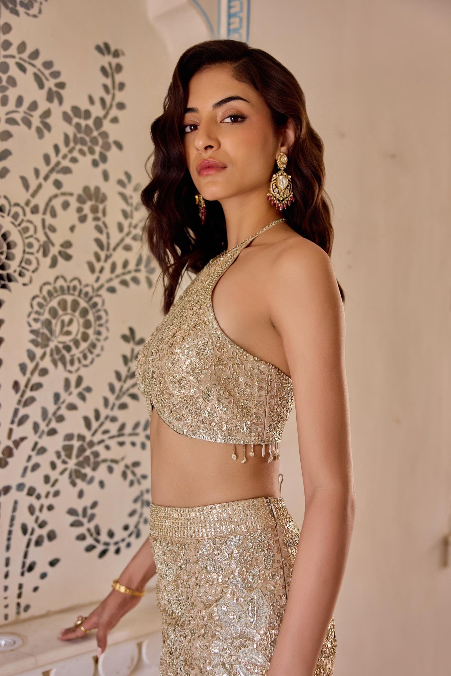 Frost Champagne Tissue Fish Cut Lehenga