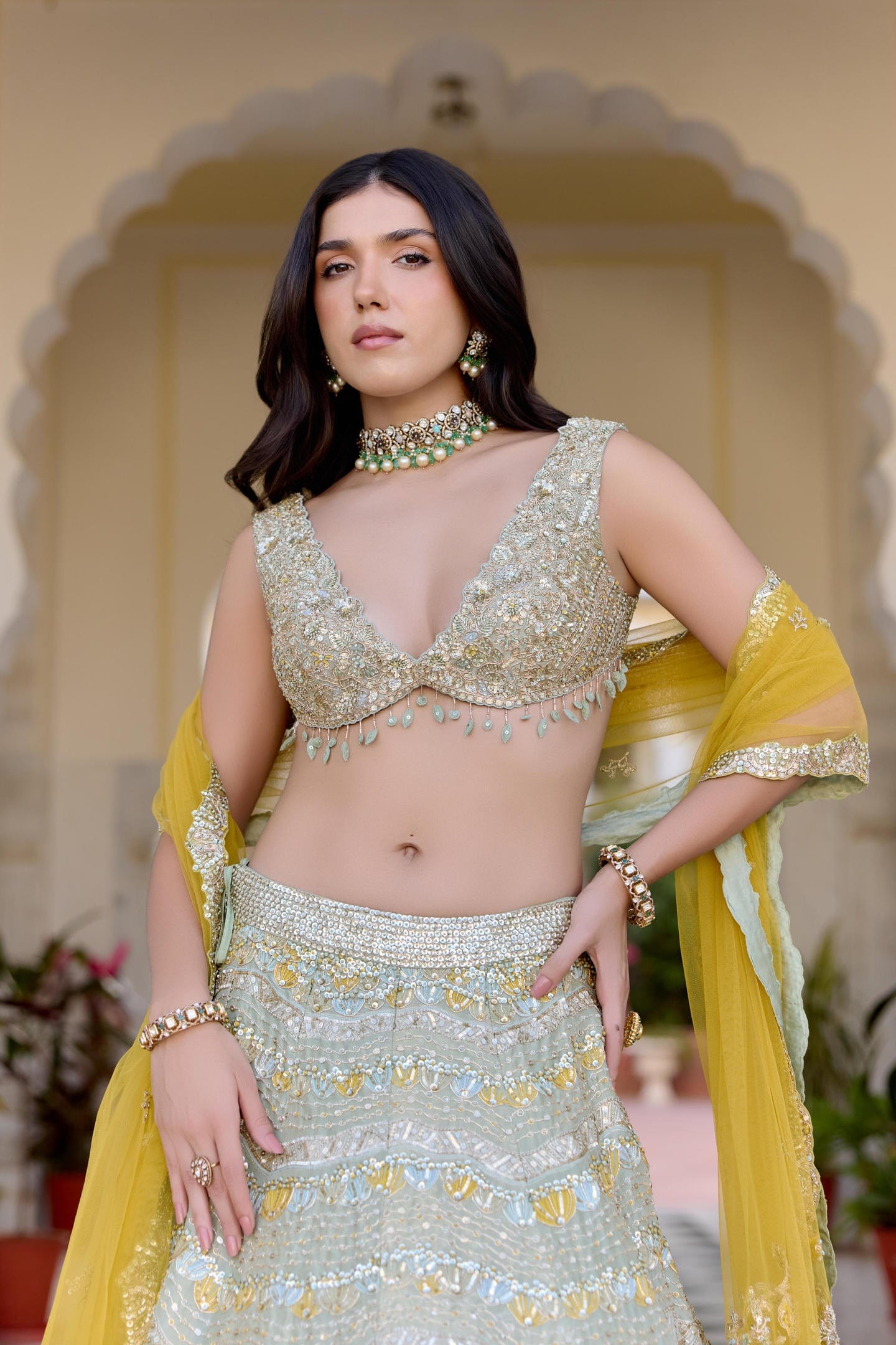 Sage Embroidered Tissue Lehenga Set