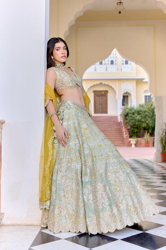 Sage Embroidered Tissue Lehenga Set