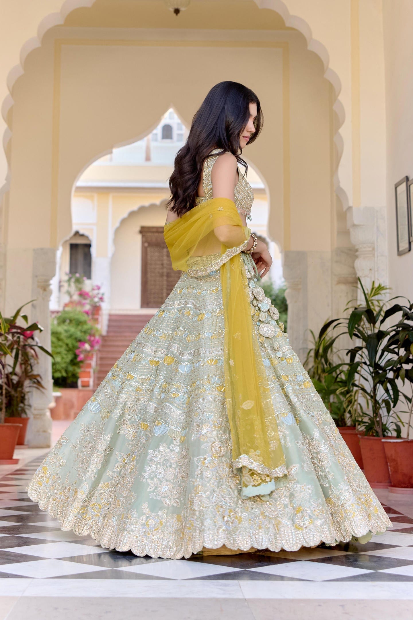 Sage Embroidered Tissue Lehenga Set