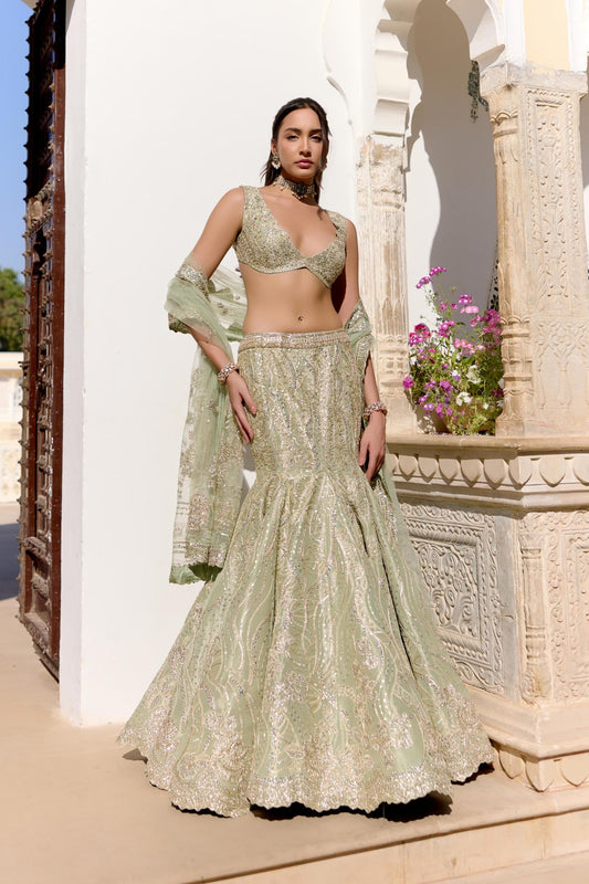 Sage Tissue Fish Cut Lehenga Set