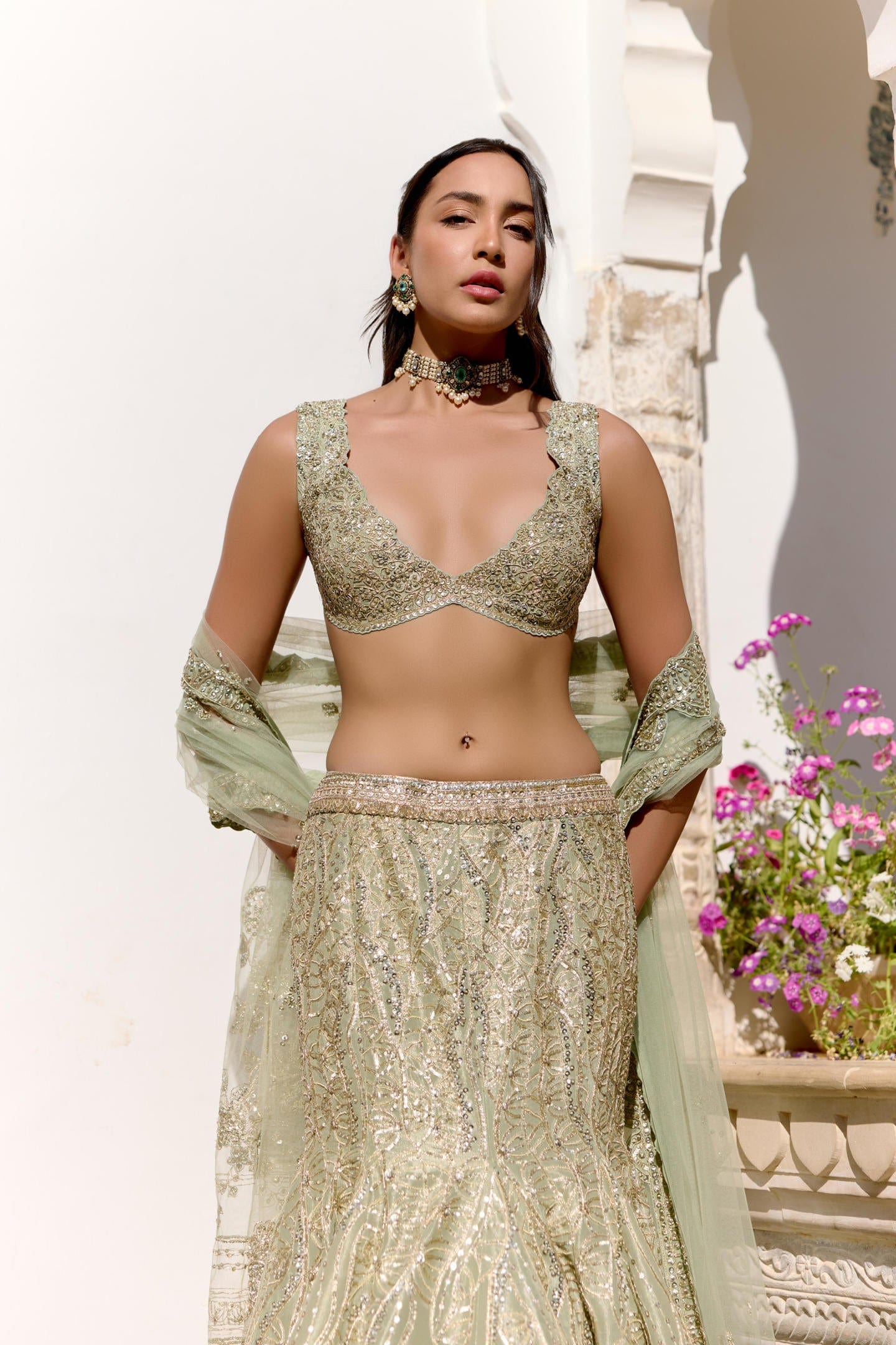Sage Tissue Fish Cut Lehenga Set