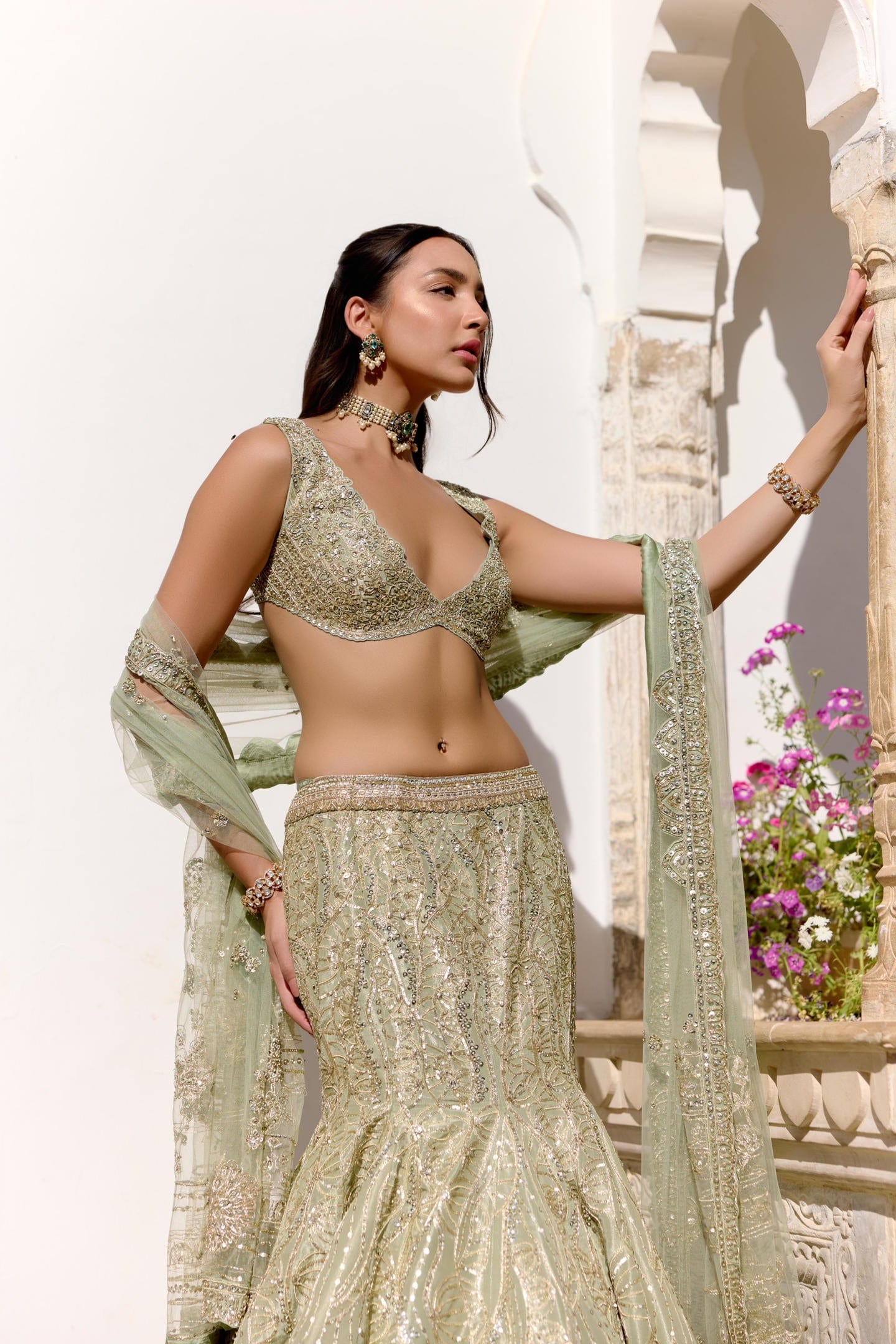 Sage Tissue Fish Cut Lehenga Set