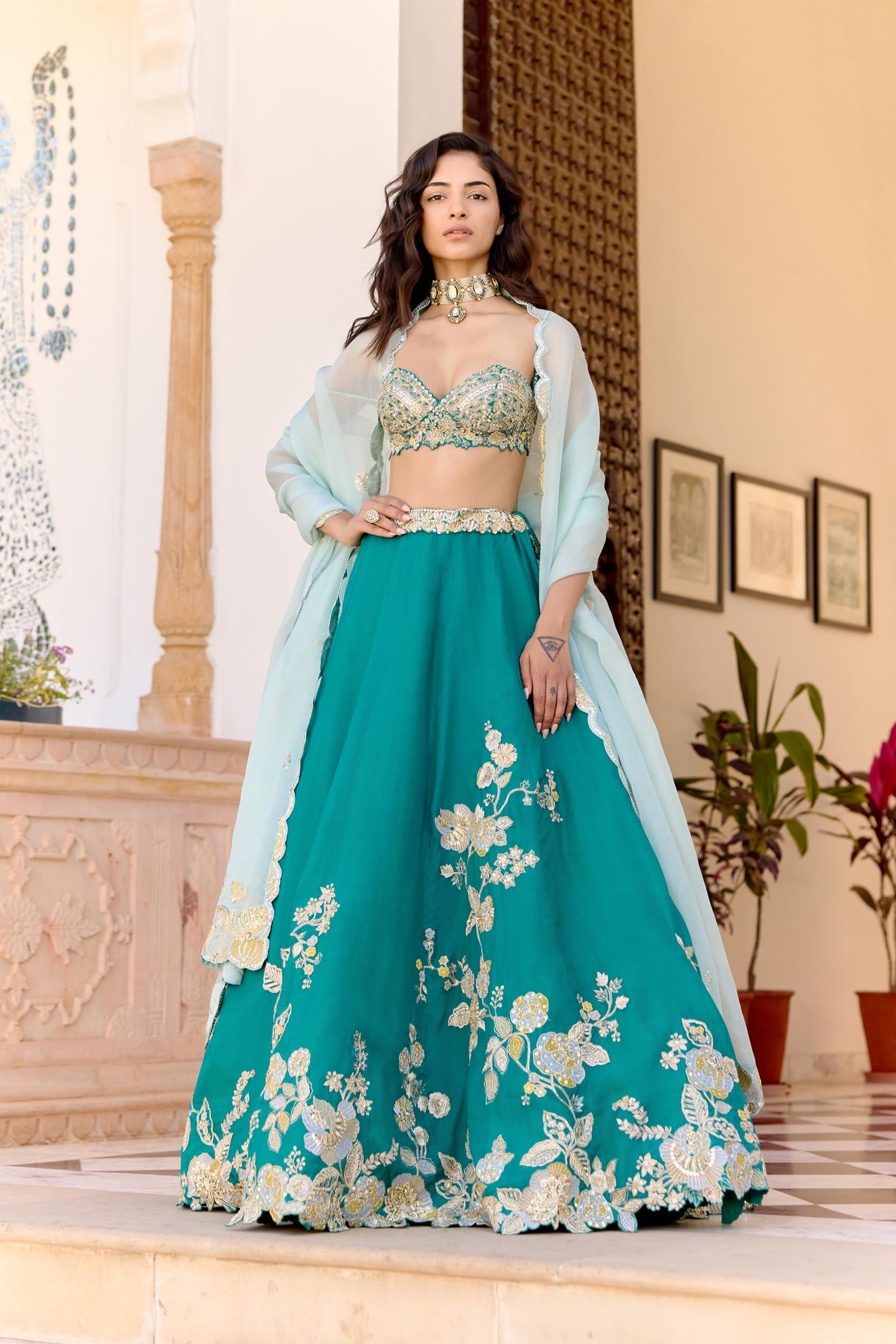 Pine Green Jaal Embroidered Lehenga Set