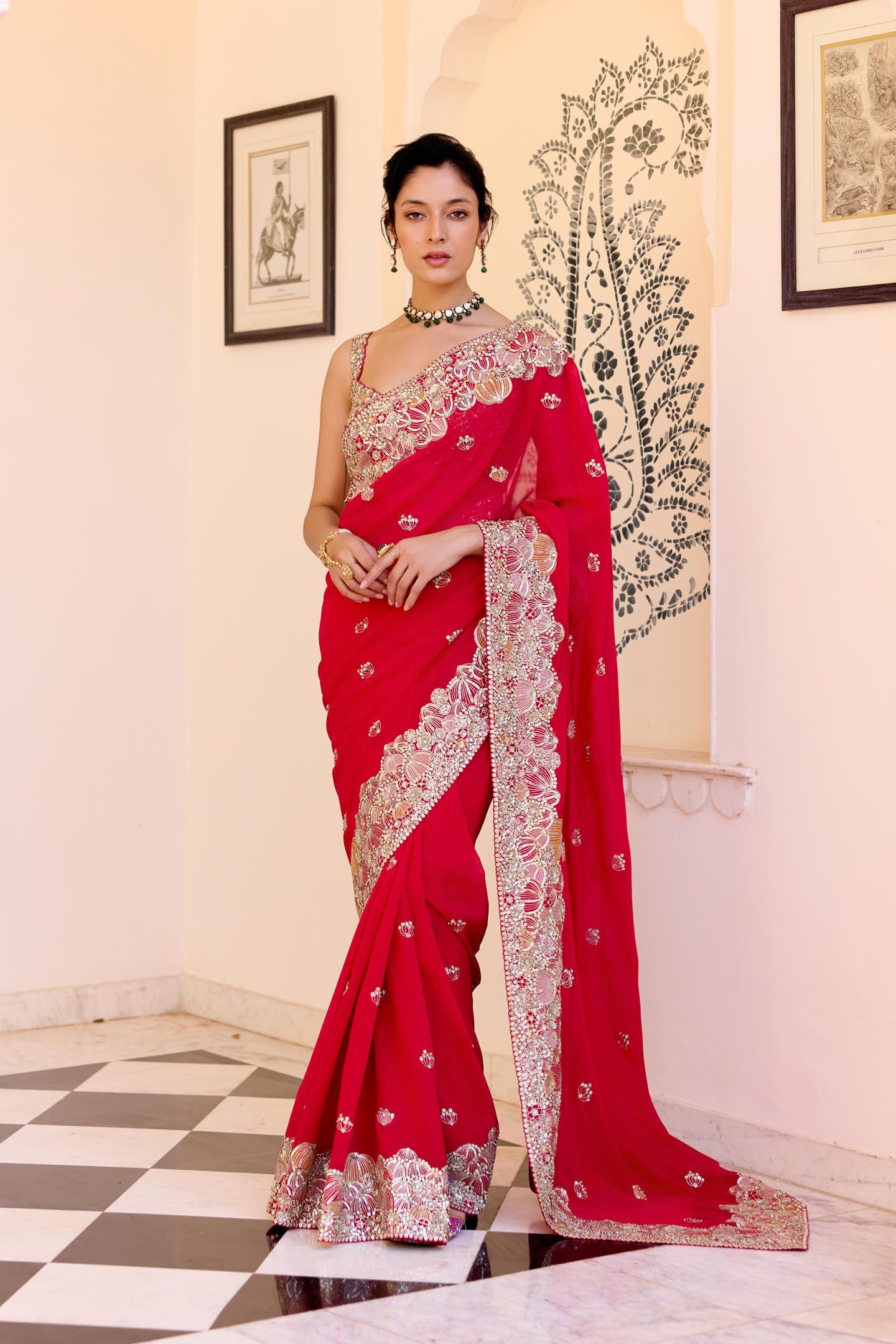 Red Embroidered Saree Set