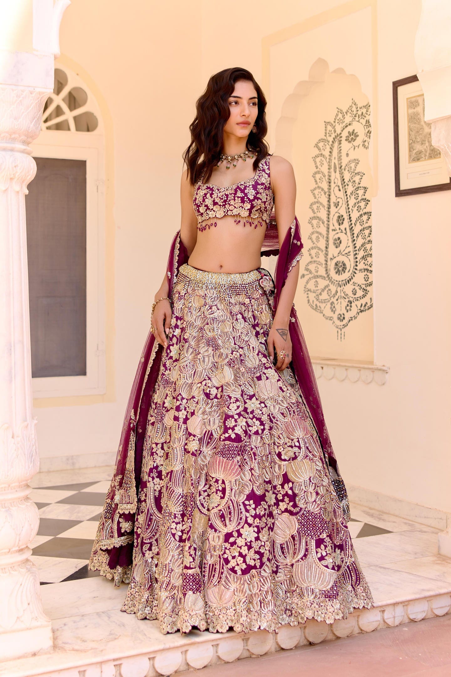 Dark plum Embroidered Lehenga Set