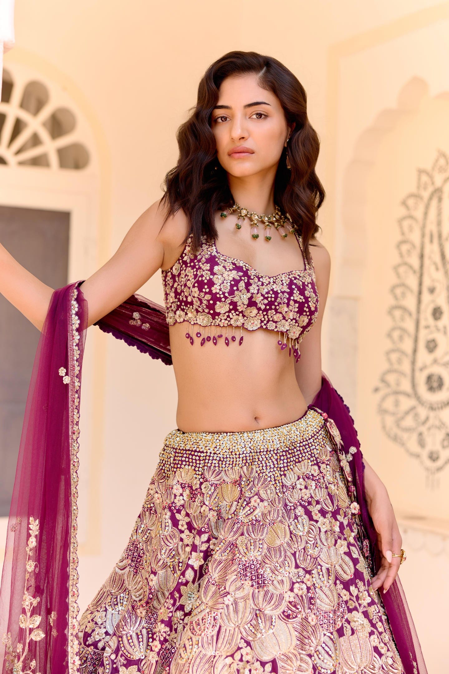 Dark plum Embroidered Lehenga Set