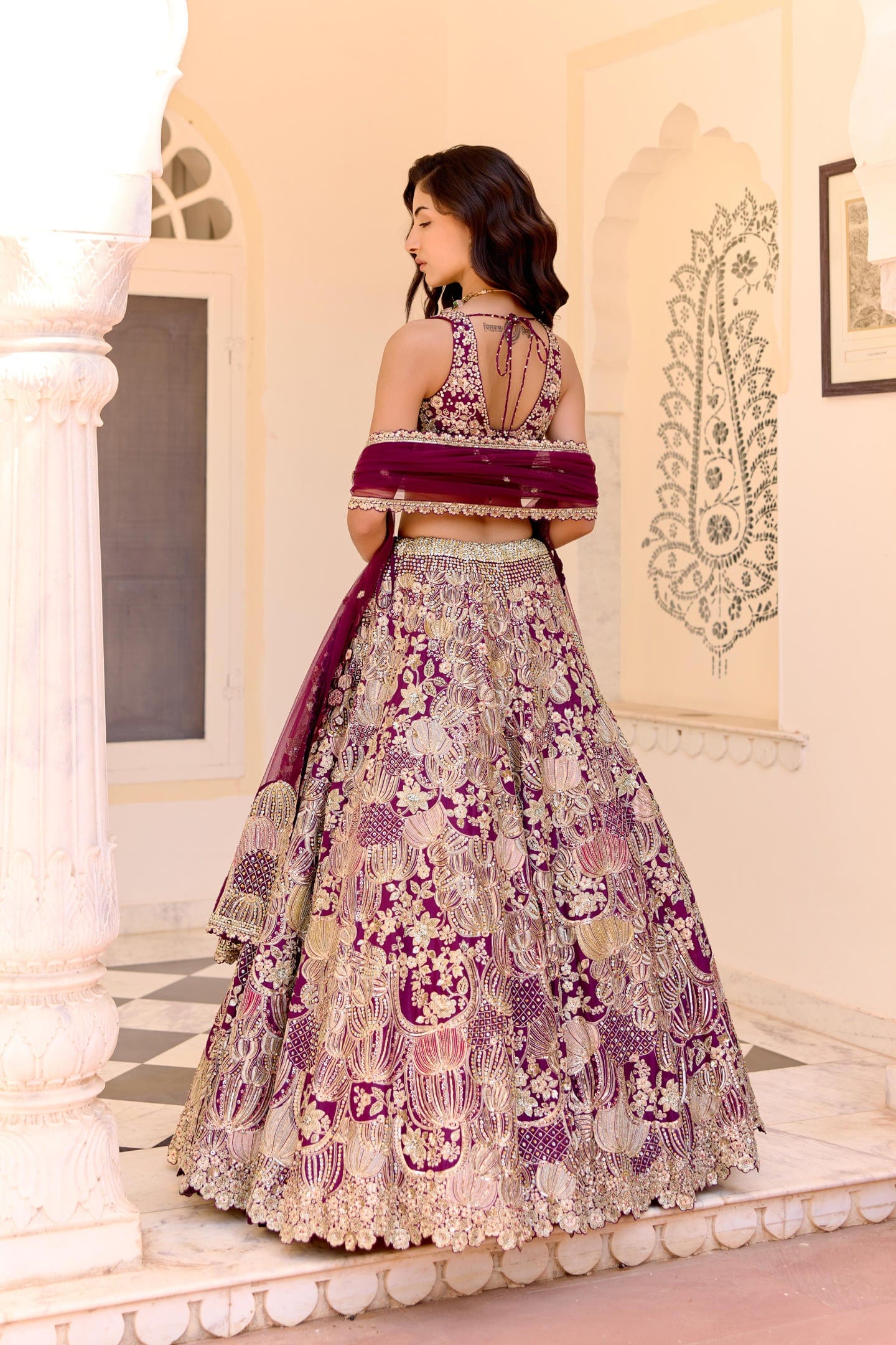 Dark plum Embroidered Lehenga Set