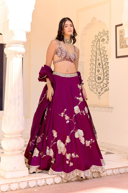 Dark Plum Jaal Placement Lehenga Set