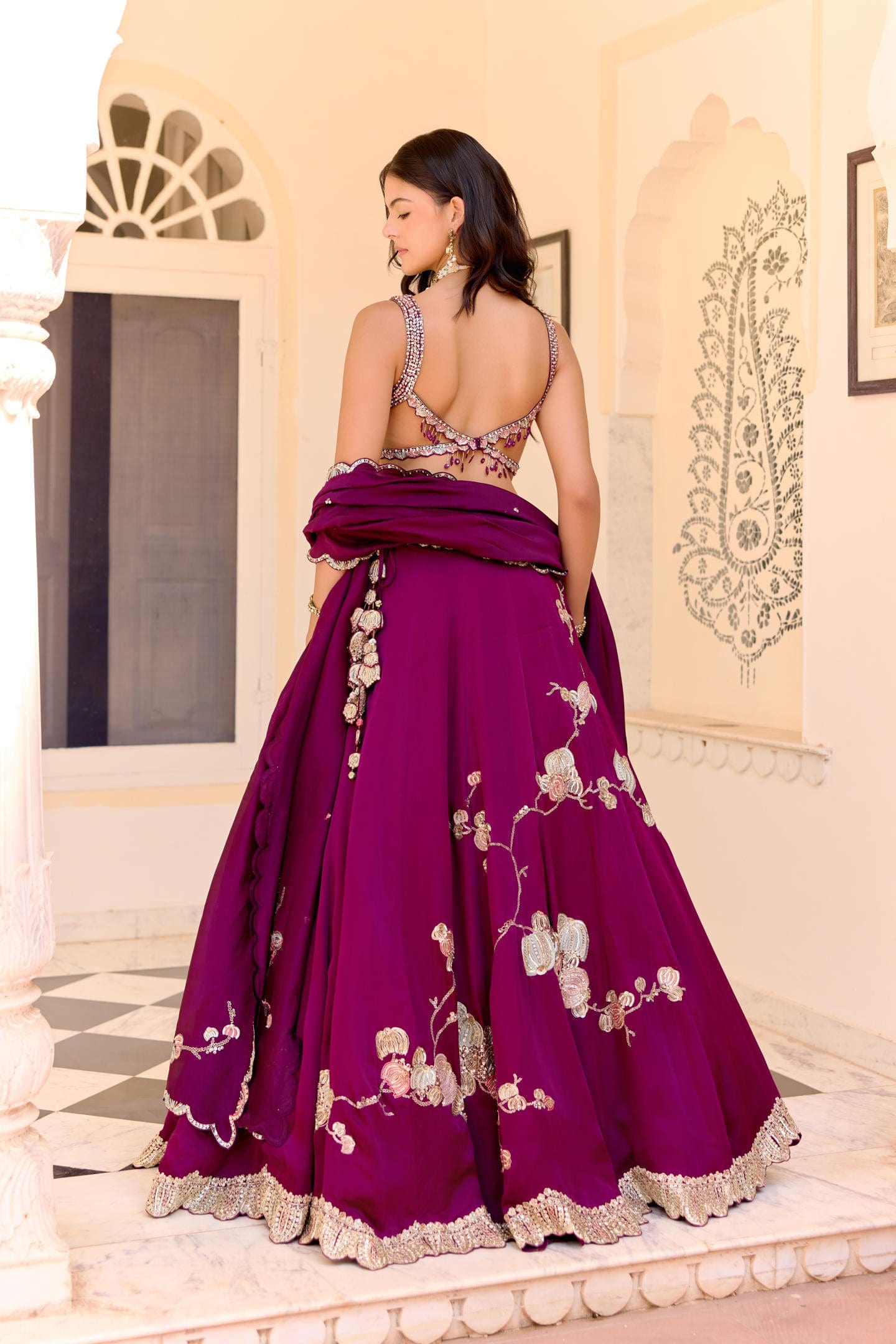 Dark Plum Jaal Placement Lehenga Set