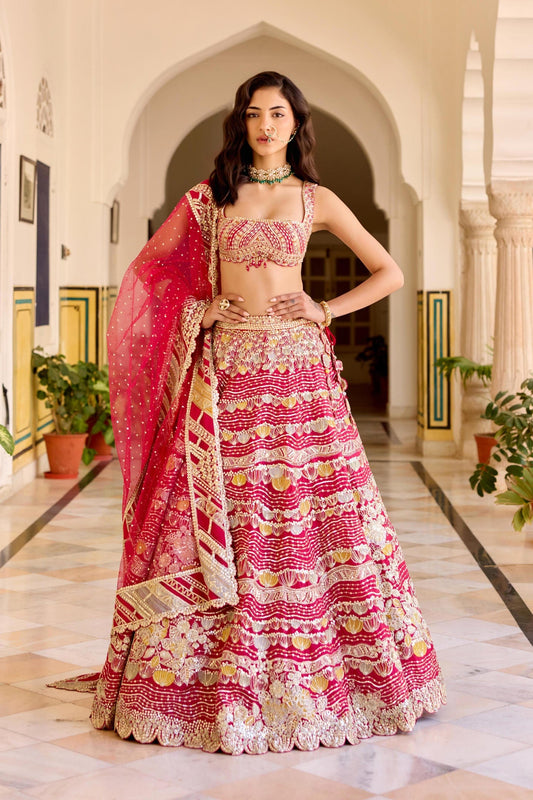 Cut Ruby Organza Lehenga Set