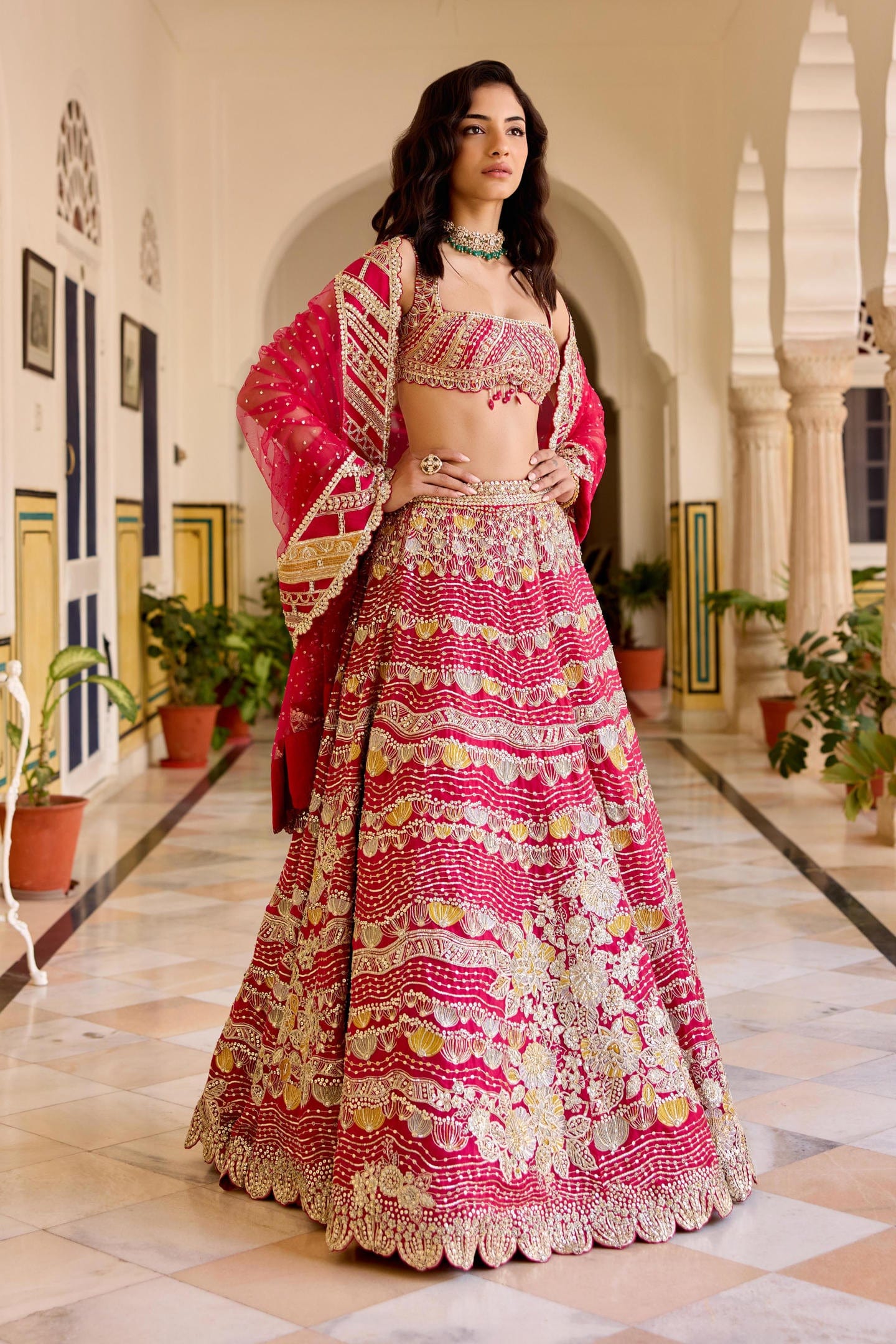 Cut Ruby Organza Lehenga Set