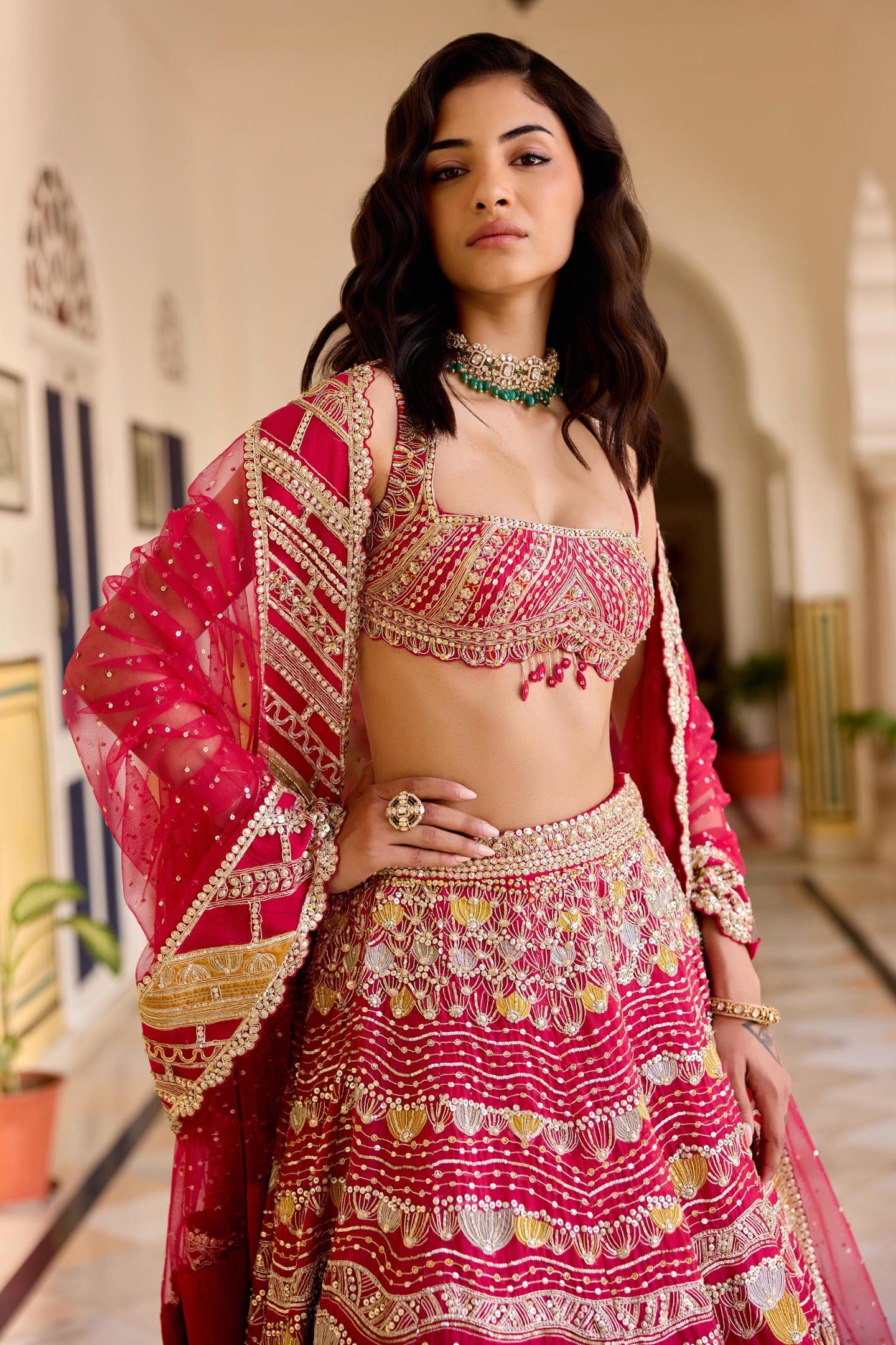 Cut Ruby Organza Lehenga Set