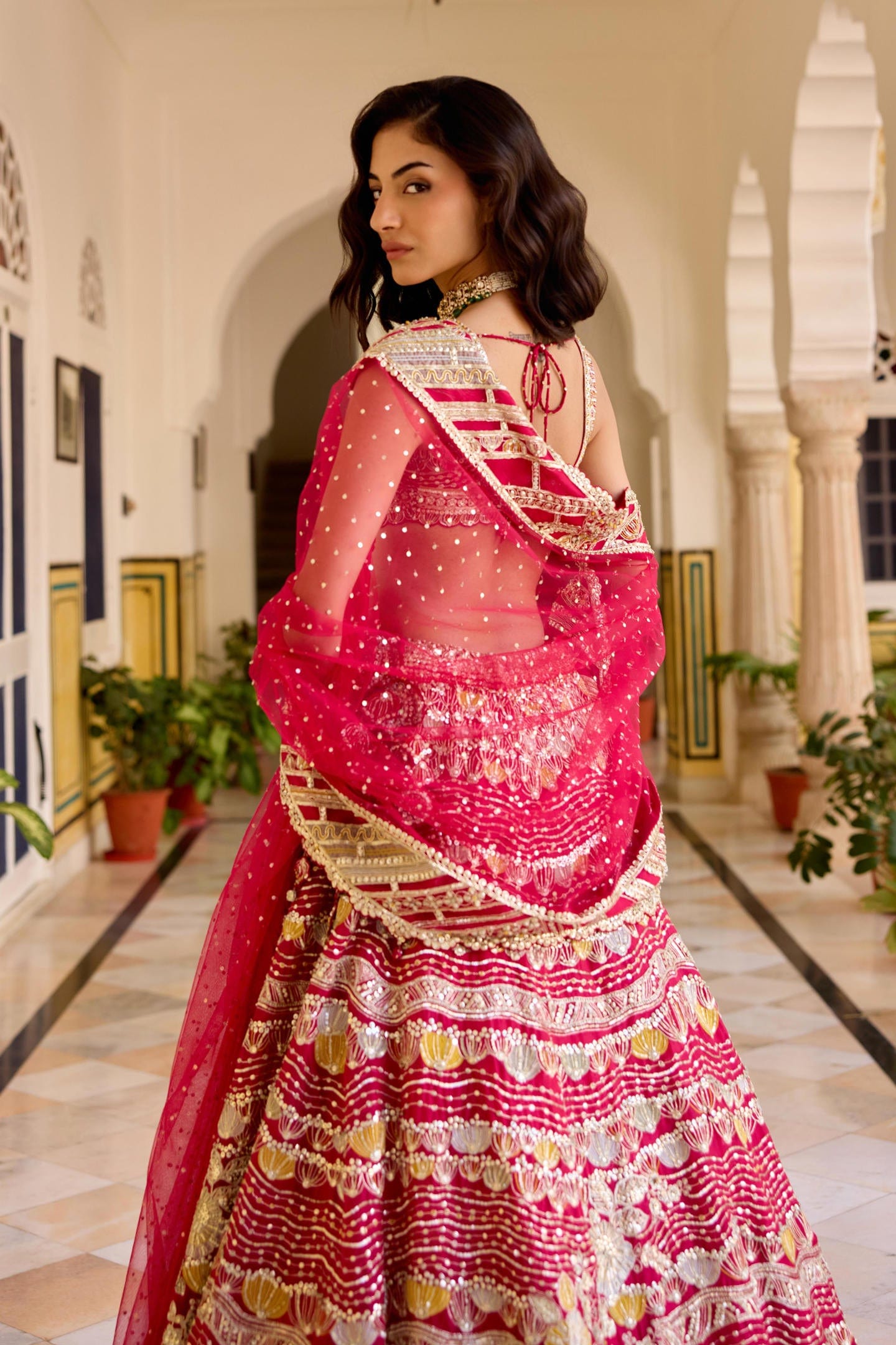 Cut Ruby Organza Lehenga Set