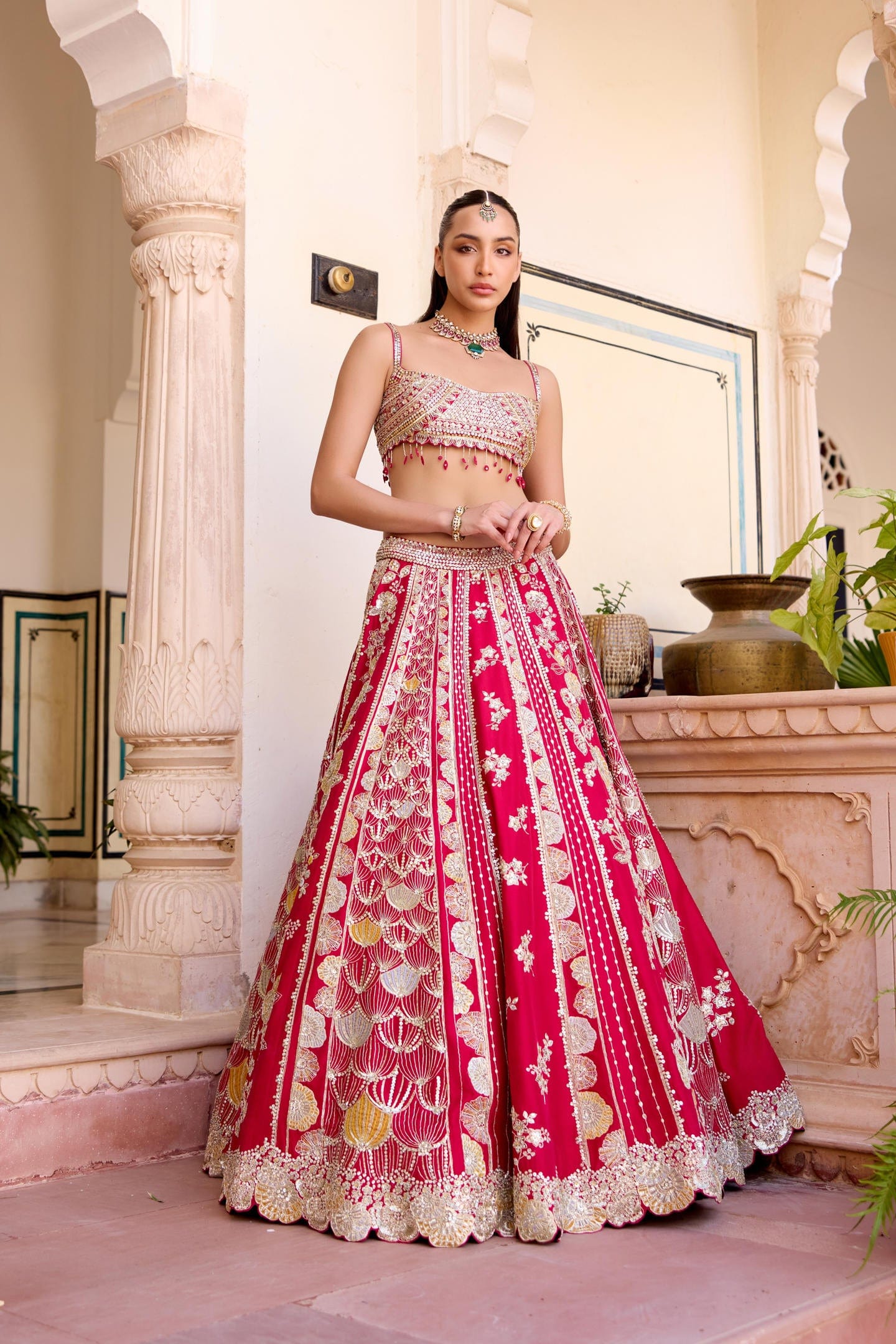 Cut Ruby Mulberry Silk Lehenga Set