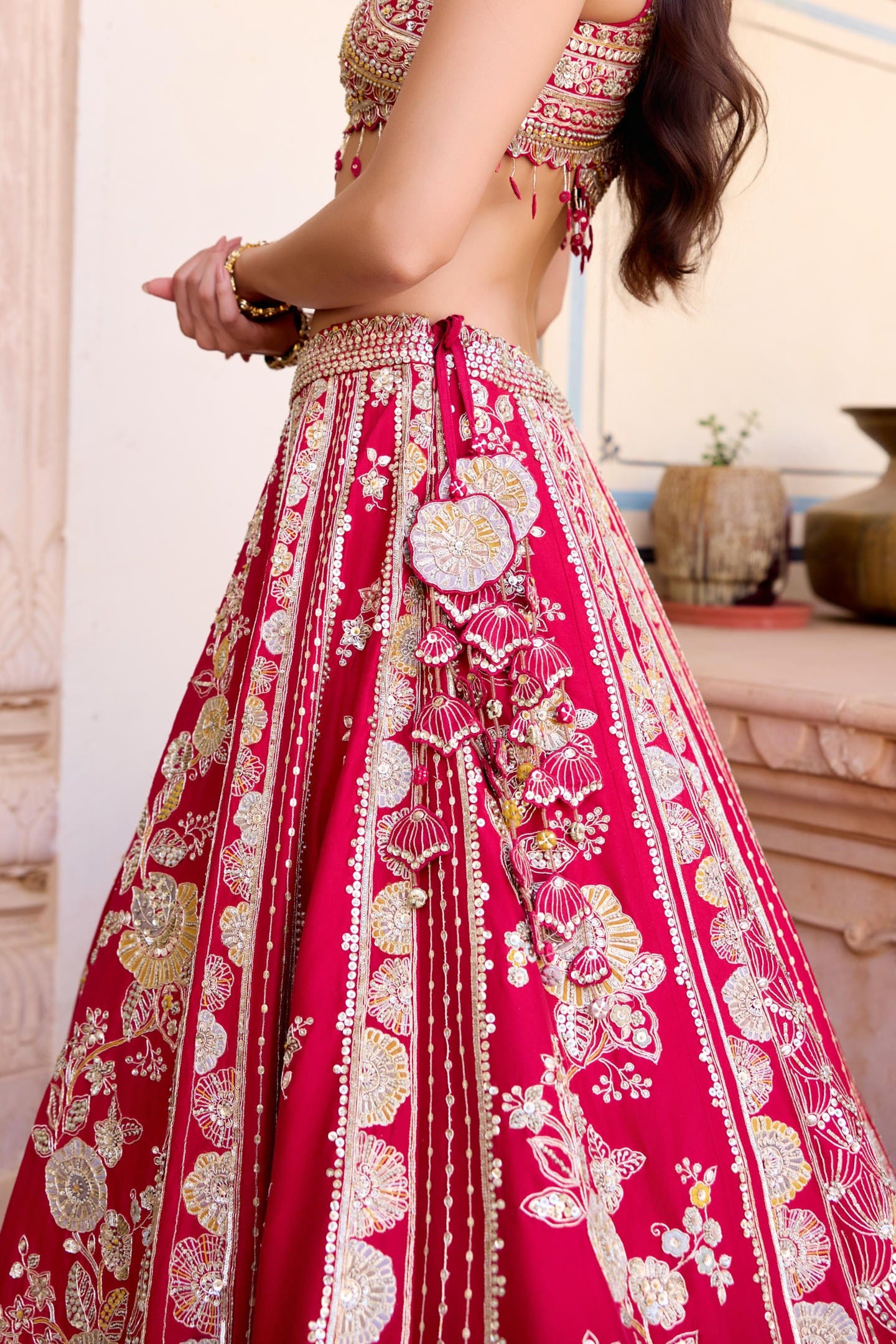 Cut Ruby Mulberry Silk Lehenga Set
