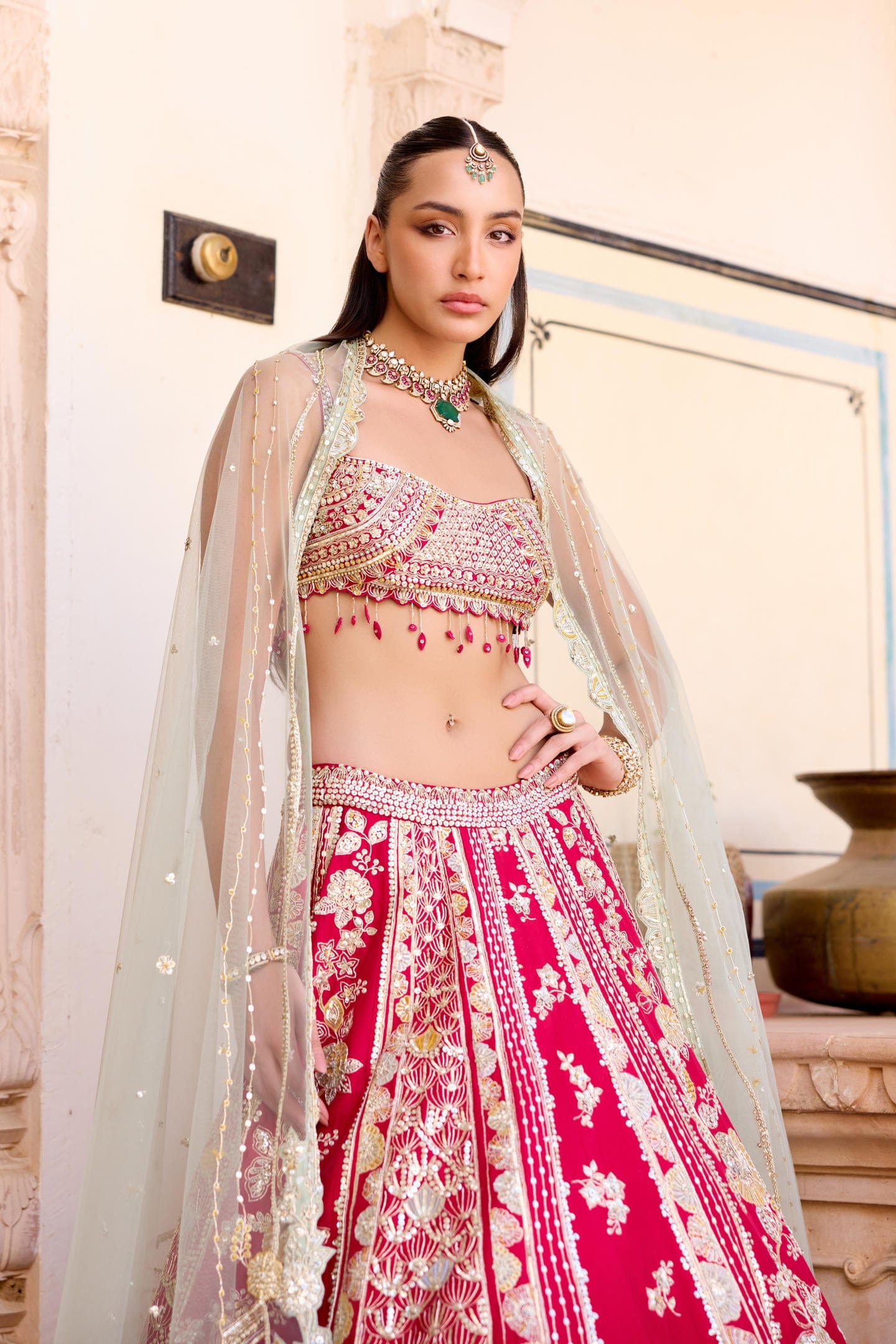 Cut Ruby Mulberry Silk Lehenga Set