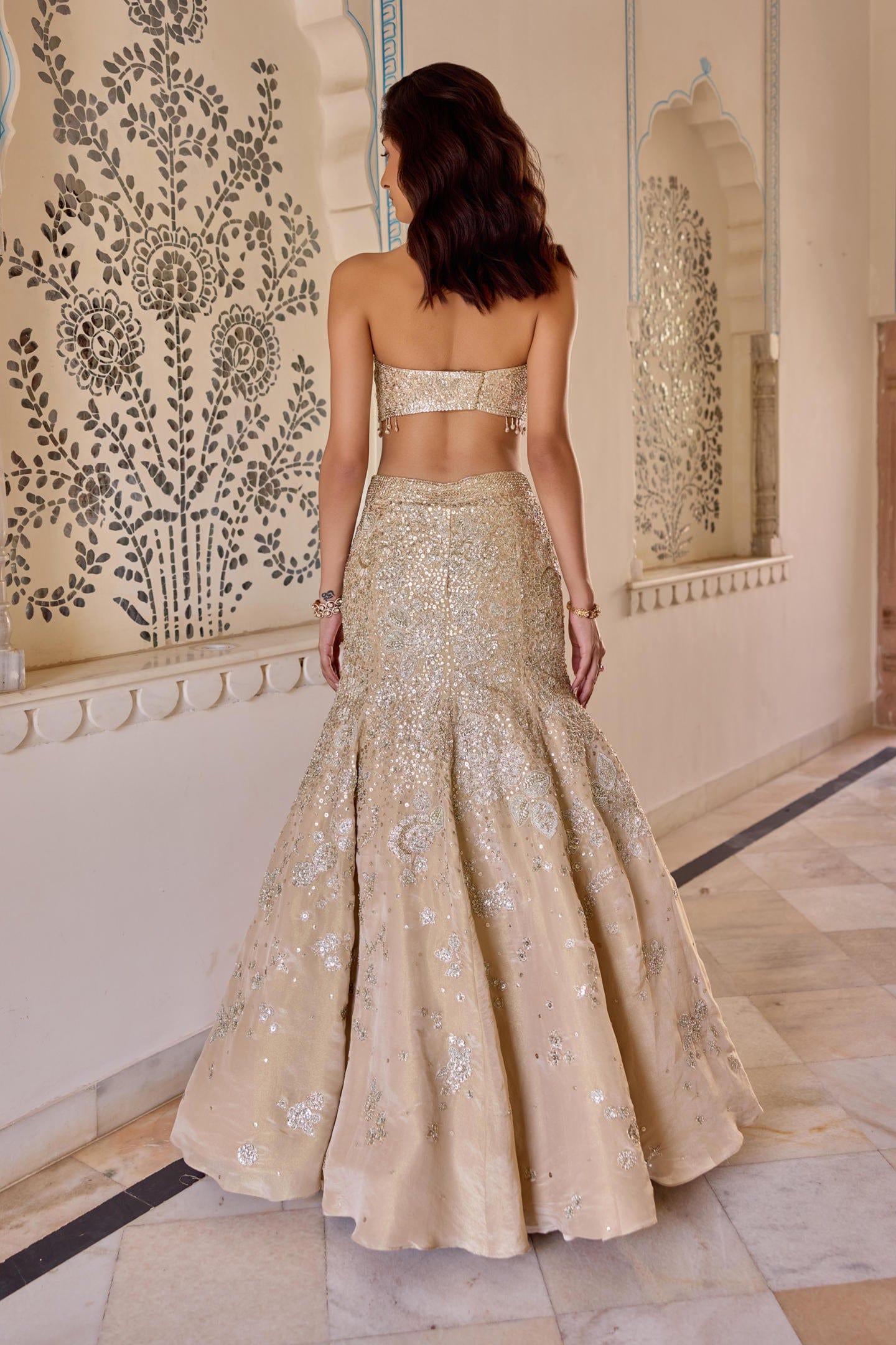 Frost Champagne Tissue Fish Cut Lehenga