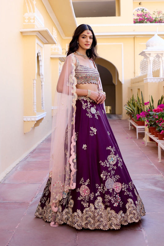 Aubergine Mulberry Silk Lehenga Set
