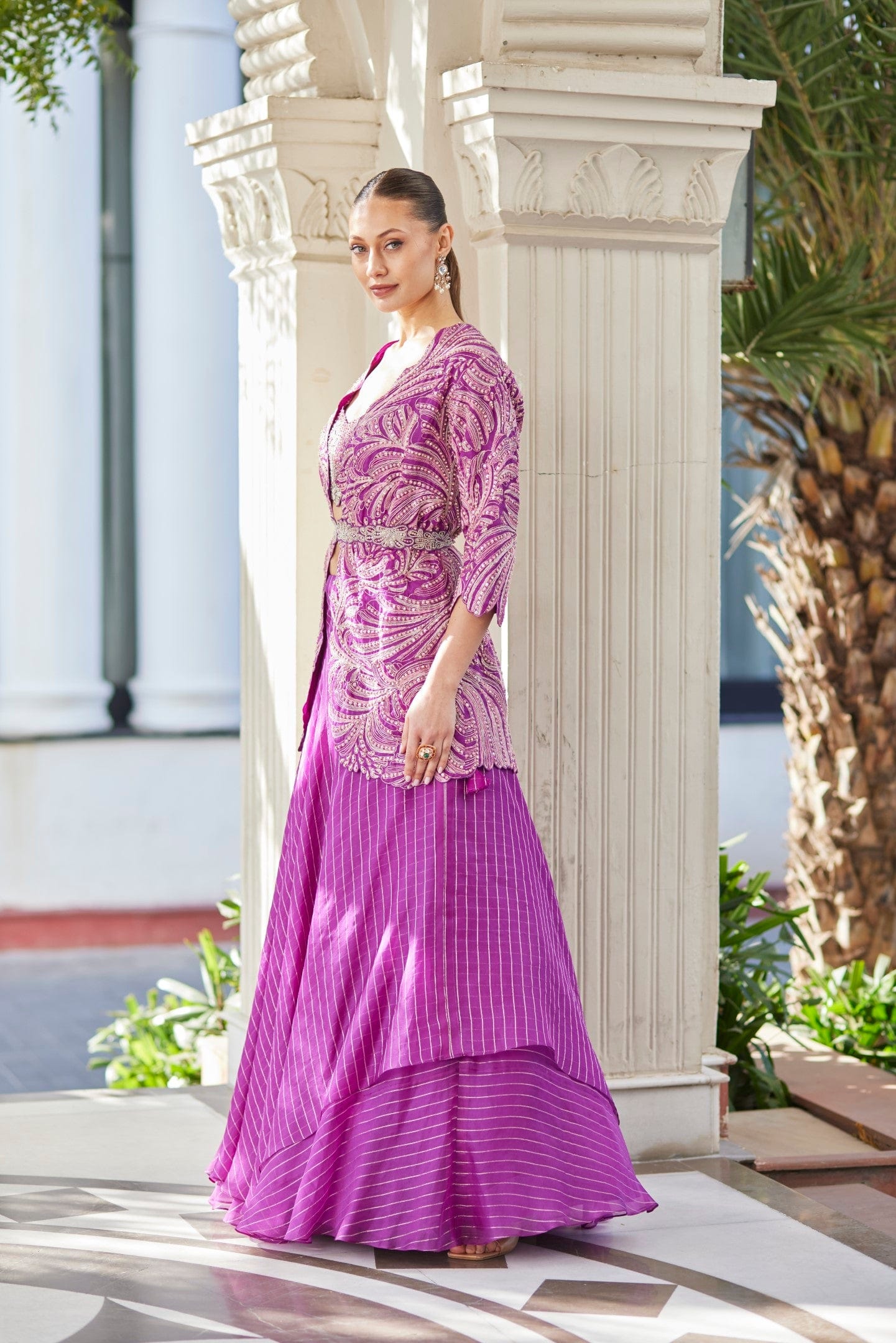 Purple Embroidered Jacket Set