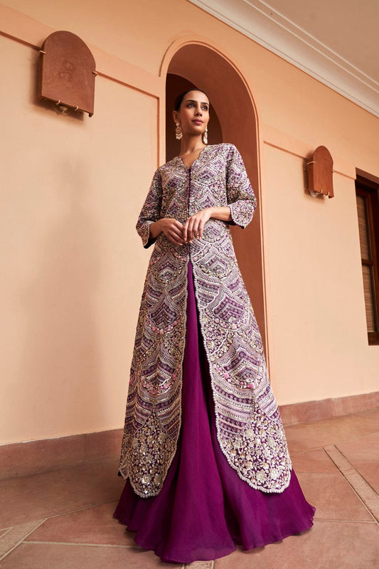 Aubergine Embroidered Layered Jacket Set