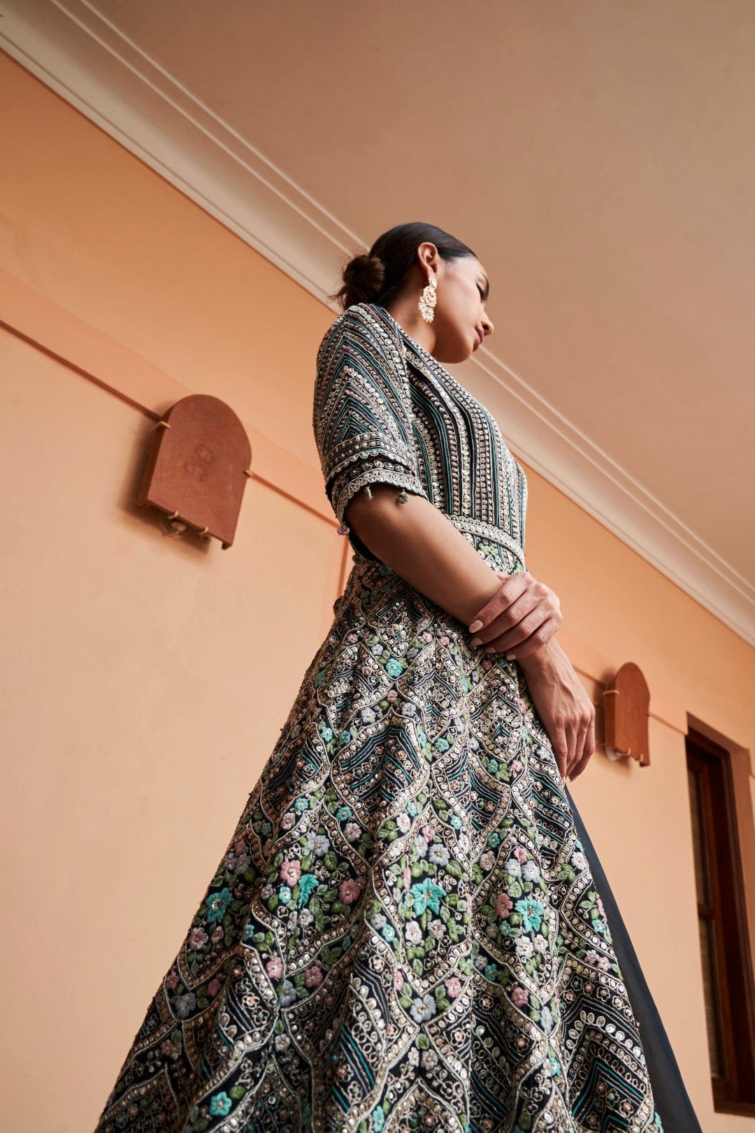 Black Embroidered Layered Gown